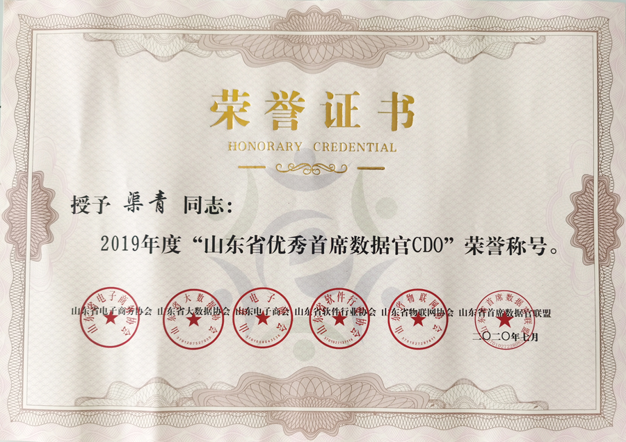 热烈祝贺集团董事长渠青被评为山东省优秀首席数据官CDO